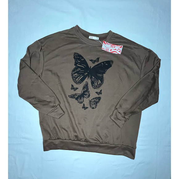 NWT Romwe Brown Light Weight Sweatshirt Long Sleeve Rich Brown with Butterfly M - Picture 1 of 9